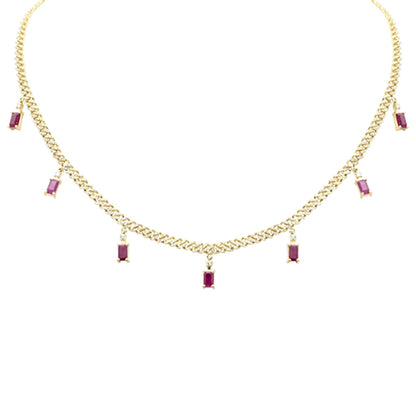 Muse Jewelry 3.51ct G SI 14K Yellow Gold Diamond & Ruby Gemstone Cuban Necklace 12" + 4" Long