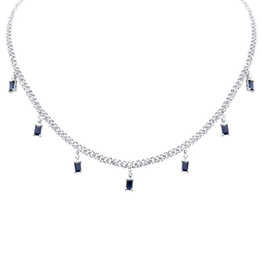 Muse Jewelry 3.24ct G SI 14K White Gold Diamond & Blue Sapphire Gemstone Cuban Necklace 12" + 4" Long