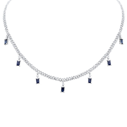 Muse Jewelry 3.24ct G SI 14K White Gold Diamond & Blue Sapphire Gemstone Cuban Necklace 12" + 4" Long