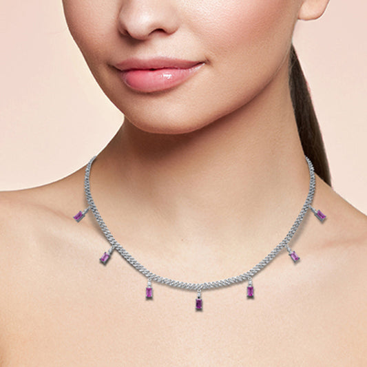 Muse Jewelry 5.00ct G SI 14K White Gold Diamond & Pink Sapphire Gemstone Cuban Necklace 12" + 4" Long