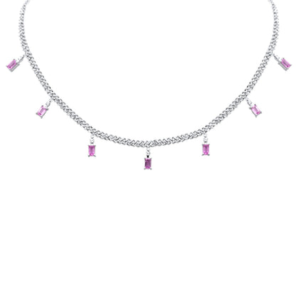 Muse Jewelry 5.00ct G SI 14K White Gold Diamond & Pink Sapphire Gemstone Cuban Necklace 12" + 4" Long