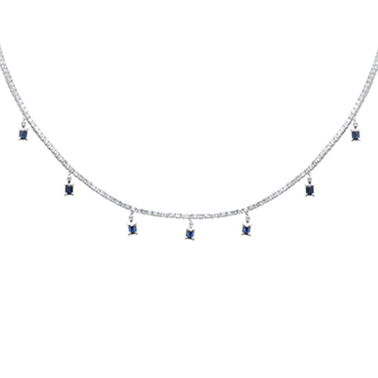 Muse Jewelry 4.06ct G SI 14K White Gold Diamond & Blue Sapphire Gemstone Tennis Necklace 13" + 6" EXT