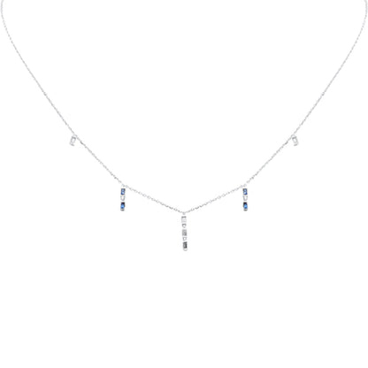 Muse Jewelry .25ct F SI 14K White Gold Diamond & Blue Sapphire Dangling Pendant Necklace 16" + 2" Long