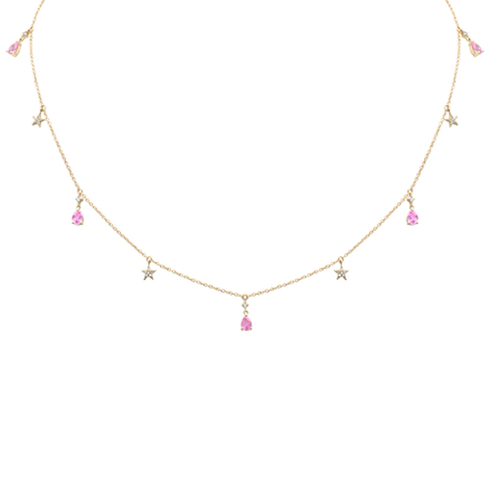 Muse Jewelry 1.00ct G SI 14K Yellow Gold Diamond & Pink Sapphire Gemstone Pendant Necklace 16+2" Ext Long Chain