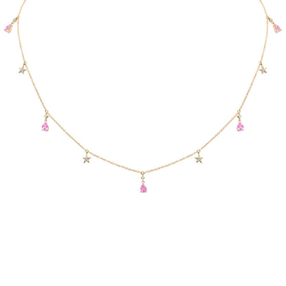 Muse Jewelry 1.00ct G SI 14K Yellow Gold Diamond & Pink Sapphire Gemstone Pendant Necklace 16+2" Ext Long Chain