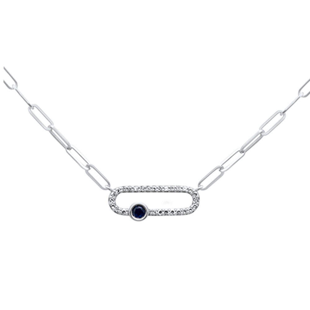 Muse Jewelry .37ct G SI 14k White Gold Diamond & Blue Sapphire Gemstones Paper clip Pendant Necklace 14+2" Long Chain