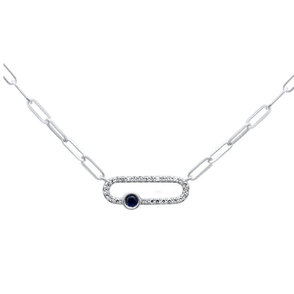Muse Jewelry .37ct G SI 14k White Gold Diamond & Blue Sapphire Gemstones Paper clip Pendant Necklace 14+2" Long Chain