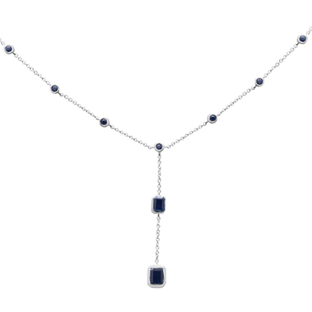 Muse Jewelry 1.15ct G SI 14k White Gold Blue Sapphire Gemstones Drop Lariat Pendant Necklace 16+2" Long Chain