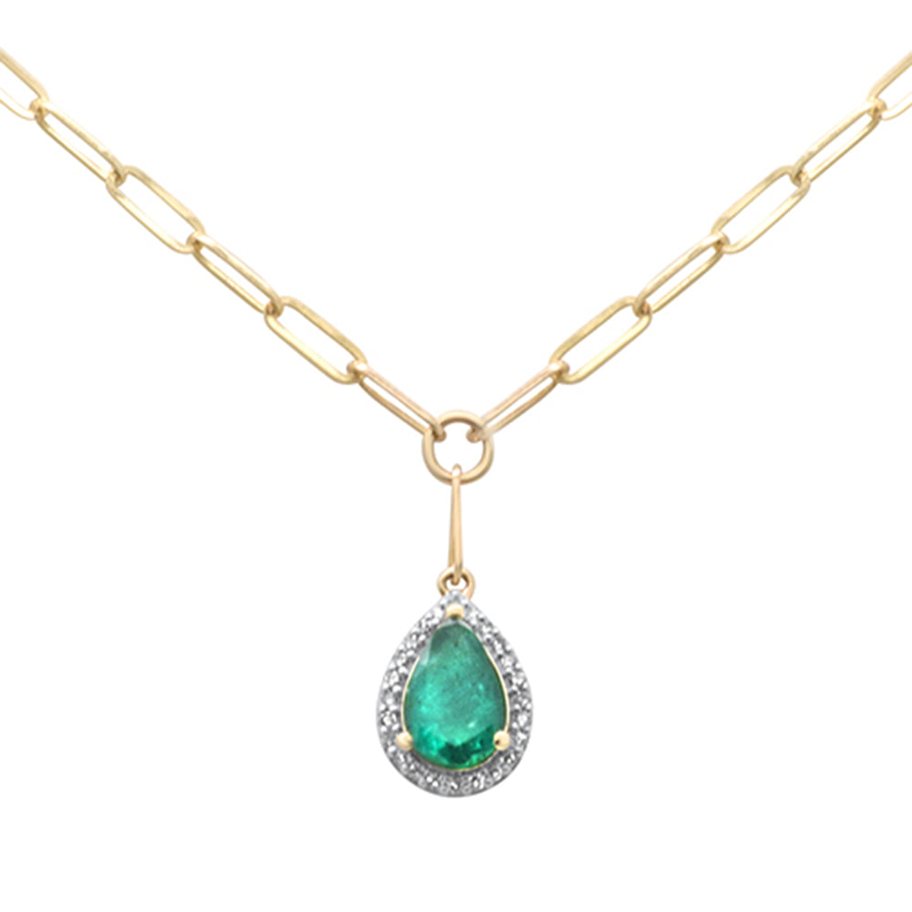 Muse Jewelry 1.53ct G SI 14K Yellow Gold Diamond & Pear Shape Emerald Gemstones Paper Clip Pendant Necklace 15+2" Ext Long Chain