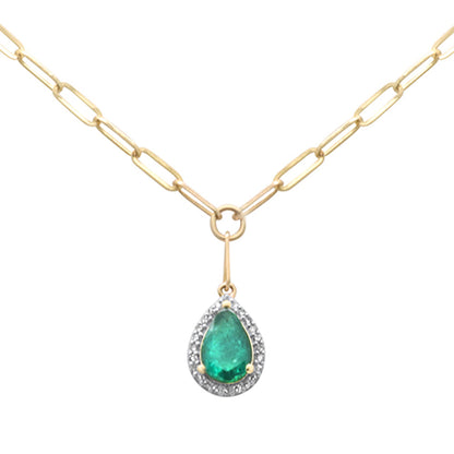 Muse Jewelry 1.53ct G SI 14K Yellow Gold Diamond & Pear Shape Emerald Gemstones Paper Clip Pendant Necklace 15+2" Ext Long Chain