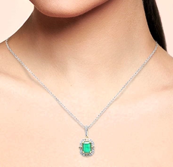 Muse Jewelry 1.18ct SI 14K Yellow Gold Diamond & Emerald Gemstone Pendant Necklace 18" Long Chain