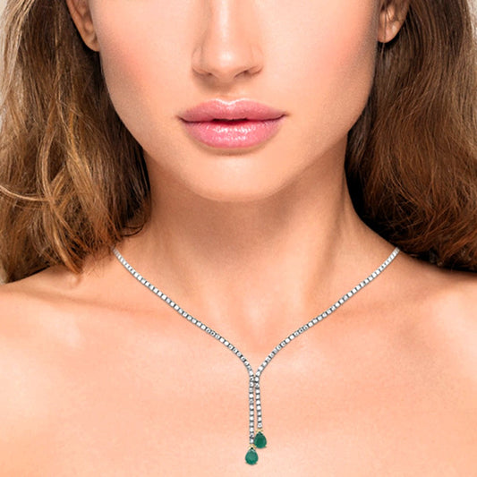 Muse Jewelry 8.65ct G SI 14k Yellow Gold Diamond & Pear Shape Green Emerald Gemstones Drop Pendant Necklace 16+2" Ext Long Chain