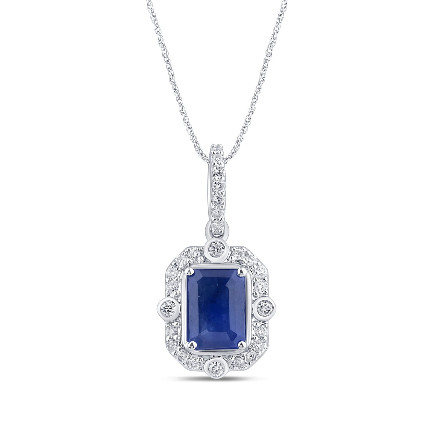 Muse Jewelry 1.23ct G SI 14K White Gold Diamond & Blue Sapphire Gemstones Pendant Necklace 18" Long Chain