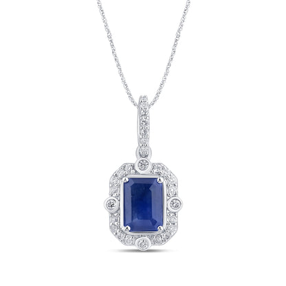 Muse Jewelry 1.23ct G SI 14K White Gold Diamond & Blue Sapphire Gemstones Pendant Necklace 18" Long Chain