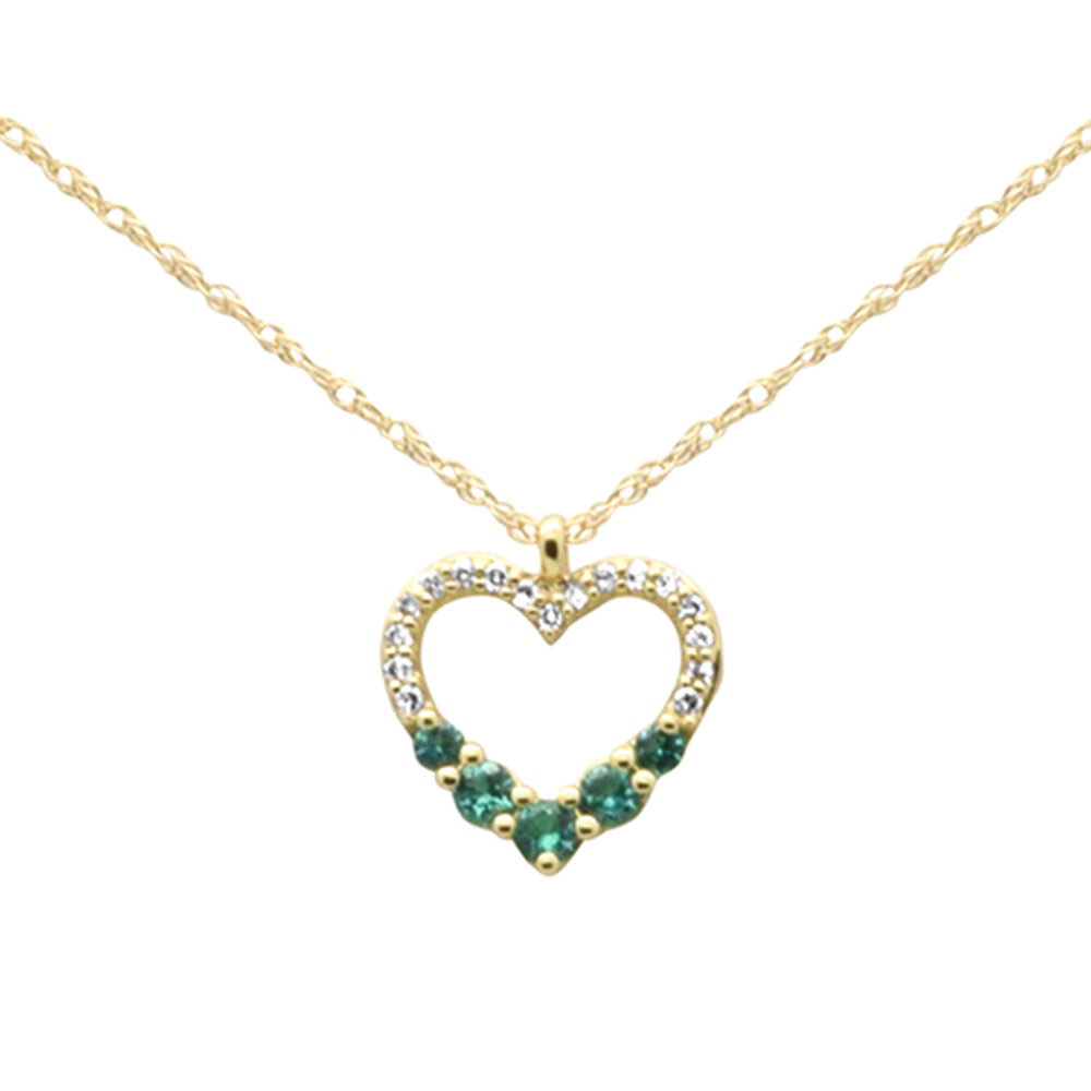 Muse Jewelry .20ct G SI 14K Yellow Gold Diamond & Heart Shape Emerald Gemstones Pendant Necklace 18" Long