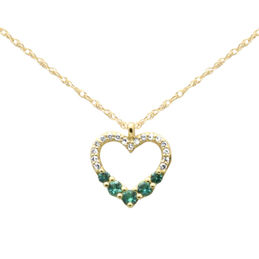 Muse Jewelry .20ct G SI 14K Yellow Gold Diamond & Heart Shape Emerald Gemstones Pendant Necklace 18" Long