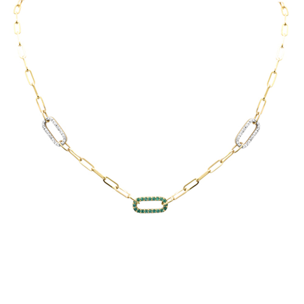 Muse Jewelry .90ct G SI 14K Yellow Gold Diamond & Emerald Gemstones Paperclip Pendant Necklace 14+2" Long