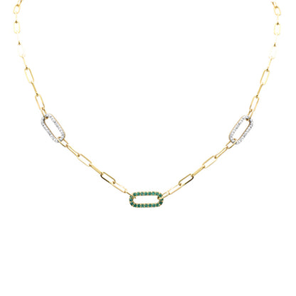 Muse Jewelry .90ct G SI 14K Yellow Gold Diamond & Emerald Gemstones Paperclip Pendant Necklace 14+2" Long