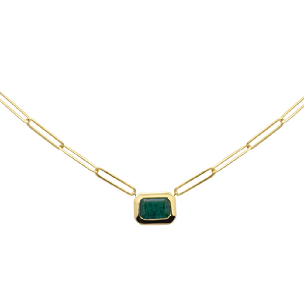 Muse Jewelry .96ct G SI 14K Yellow Gold Natural Emerald Gemstones Paperclip Pendant Necklace 18" Long