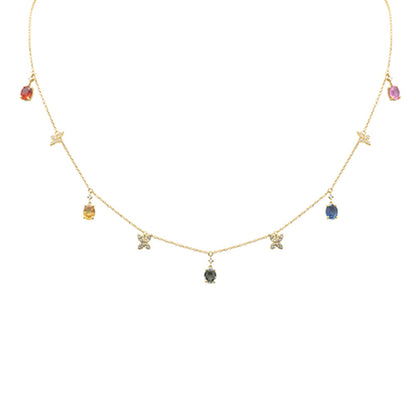 Muse Jewelry 2.30ct G SI 14K Yellow Gold Diamond & Oval Shape Multi Color Sapphire Gemstones Pendant Necklace 16+2" Long