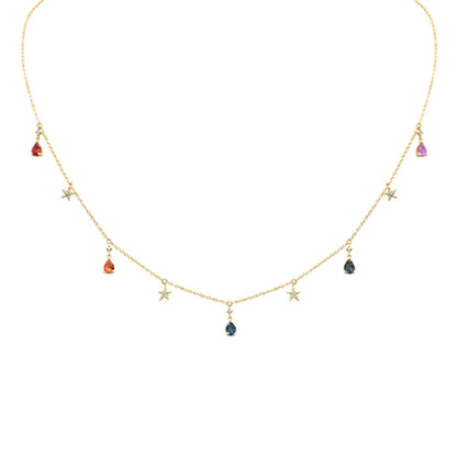 Muse Jewelry .96ct G SI 14K Yellow Gold Diamond & Pear Shape Multi Sapphire Gemstones Pendant Necklace 16+2" Long