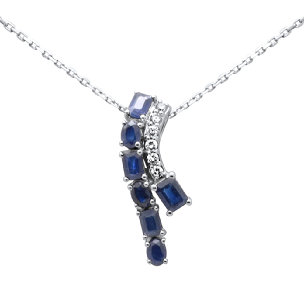 Muse Jewelry 1.46ct G SI 14K White Gold Diamond & Blue Sapphire Gemstones Pendant Necklace 18" Long Chain