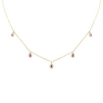 Muse Jewelry .23ct G SI 14K Yellow Gold Diamond & Pear Shape Ruby Gemstones Pendant Necklace 16+2" Long