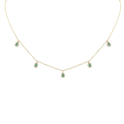 Muse Jewelry .23ct G SI 14K Yellow Gold Diamond & Pear Shape Emerald Gemstones Pendant Necklace 16+2" Long