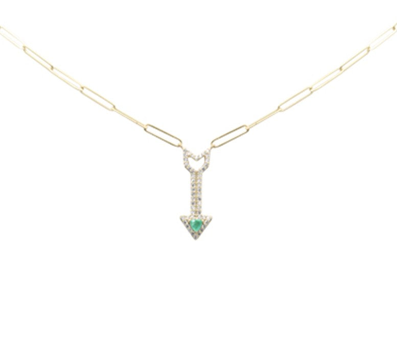 Muse Jewelry .34ct G SI 14K Yellow Gold Diamond & Emerald Gemstones Arrow Pendant 18" Long