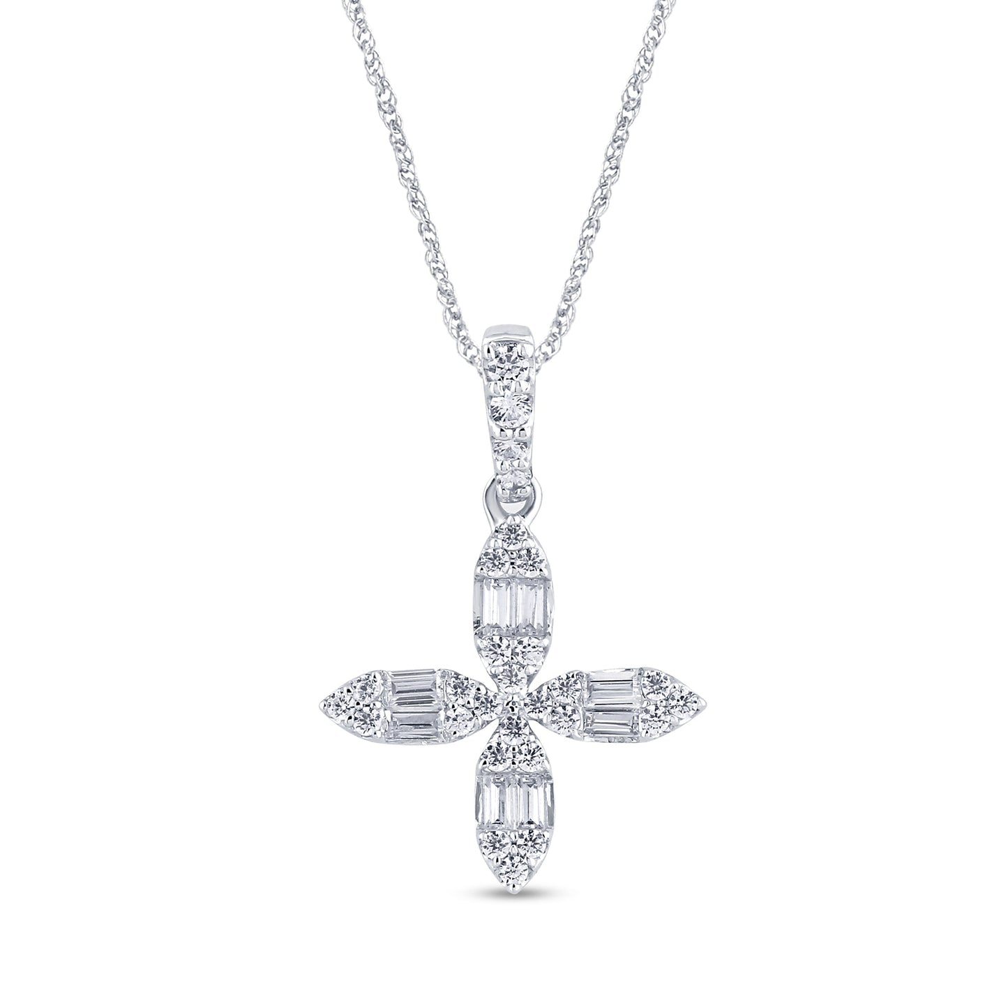 Muse Jewelry .25ct G SI 14K White Gold Round & Baguette Diamond Cross Pendant Necklace 18" Long