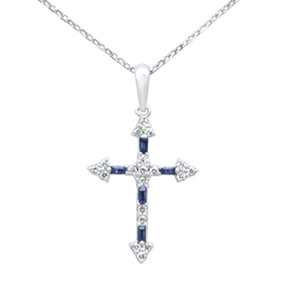 Muse Jewelry .25ct G SI 14K White Gold Diamond & Blue Sapphire Gemstones Cross Pendant Necklace 18" Long