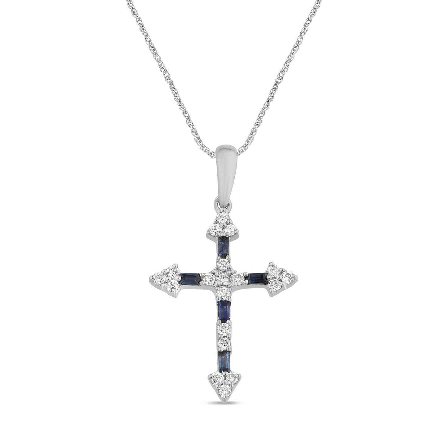 Muse Jewelry .25ct G SI 14K White Gold Diamond & Blue Sapphire Gemstones Cross Pendant Necklace 18" Long