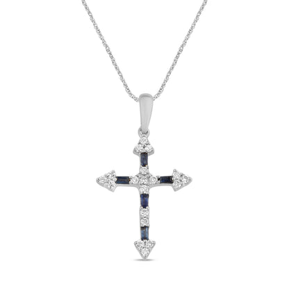 Muse Jewelry .25ct G SI 14K White Gold Diamond & Blue Sapphire Gemstones Cross Pendant Necklace 18" Long