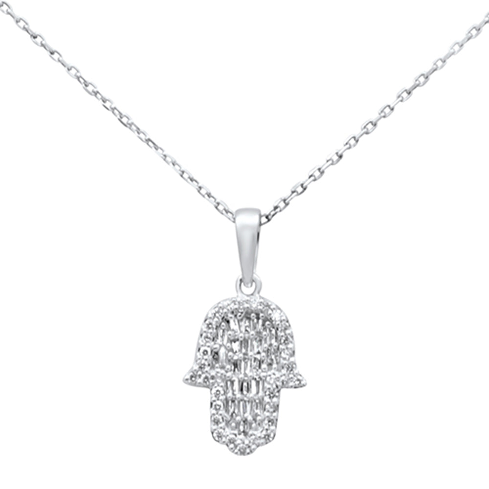 Muse Jewelry .26ct G SI 14K White Gold Diamond Round & Baguette Hamsa Pendant Necklace 18" Long