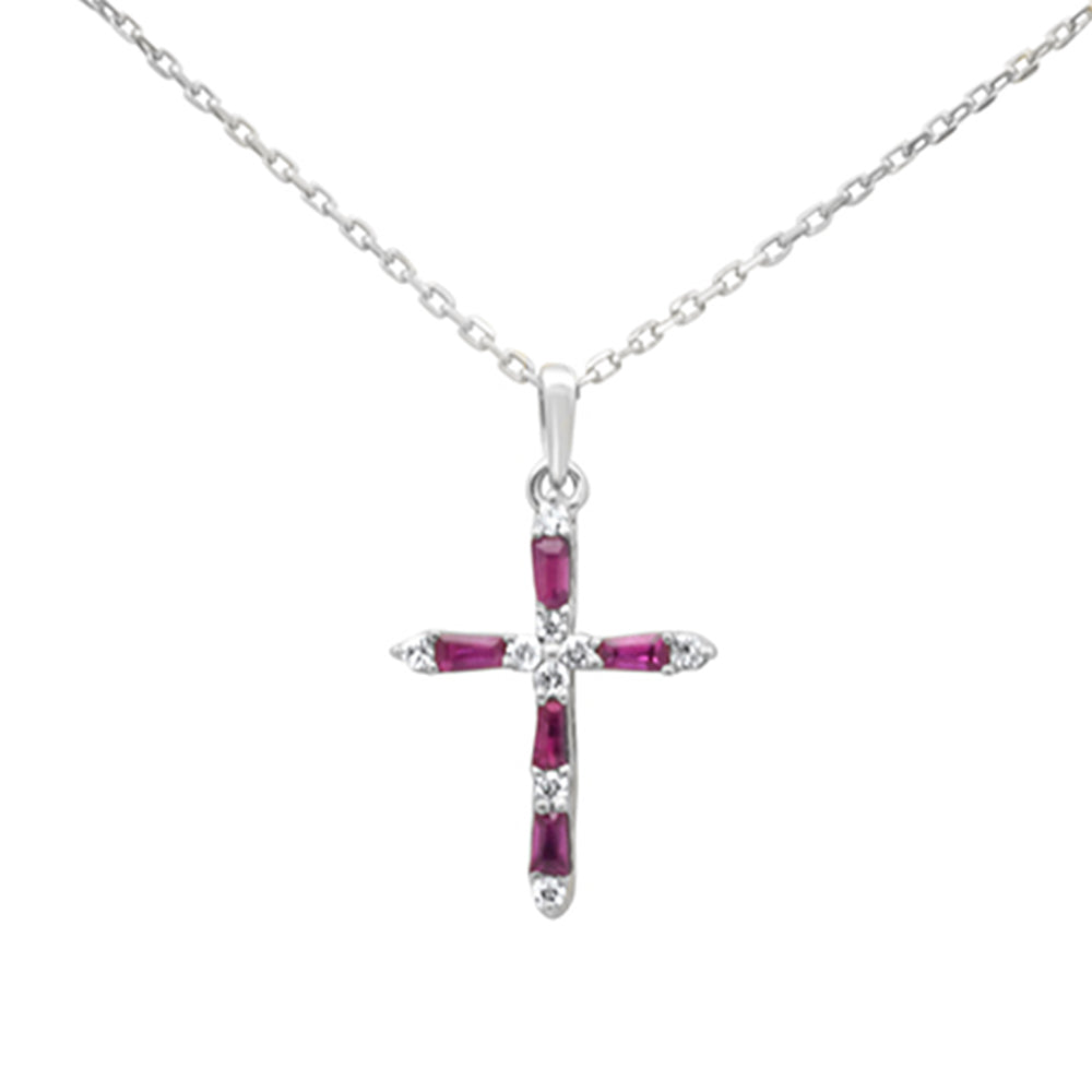 Muse Jewelry .29ct G SI 14K White Gold Diamond & Ruby Gemstone Pendant Cross Necklace 18" Long