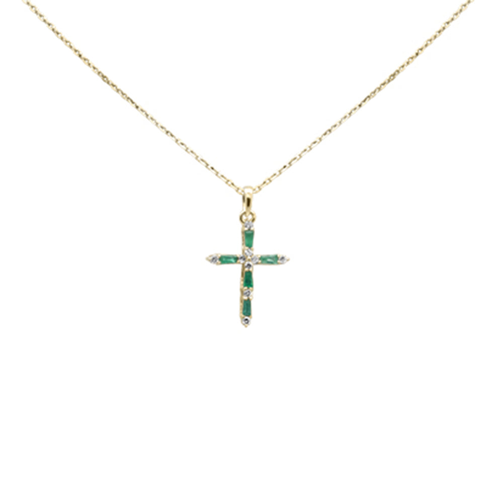 Muse Jewelry .25ct G SI 14K Yellow Gold Diamond & Emerald Gemstones Cross Pendant Necklace 18' Long Chain