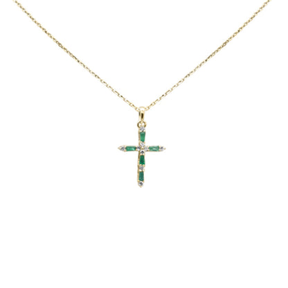 Muse Jewelry .25ct G SI 14K Yellow Gold Diamond & Emerald Gemstones Cross Pendant Necklace 18' Long Chain