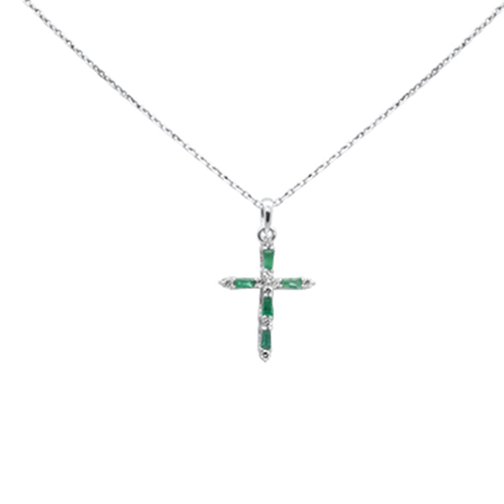 Muse Jewelry .26ct G SI 14K White Gold Diamond & Emerald Gemstones Cross Pendant Necklace 18' Long Chain