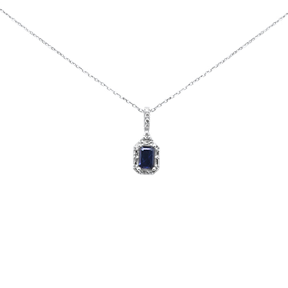 Muse Jewelry .98ct G SI 14K White Gold Diamond & Blue Sapphire Gemstones Pendant Necklace 18" Long Chain