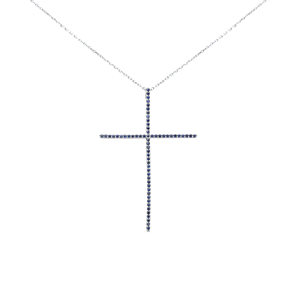 Muse Jewelry .47ct G SI 14K White Gold Blue Sapphire Gemstones Cross Pendant Necklace 18" Long Chain