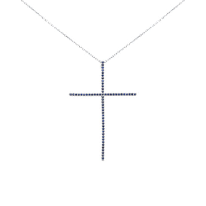 Muse Jewelry .47ct G SI 14K White Gold Blue Sapphire Gemstones Cross Pendant Necklace 18" Long Chain