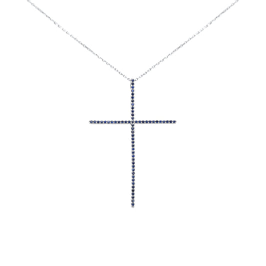 Muse Jewelry .47ct G SI 14K White Gold Blue Sapphire Gemstones Cross Pendant Necklace 18" Long Chain