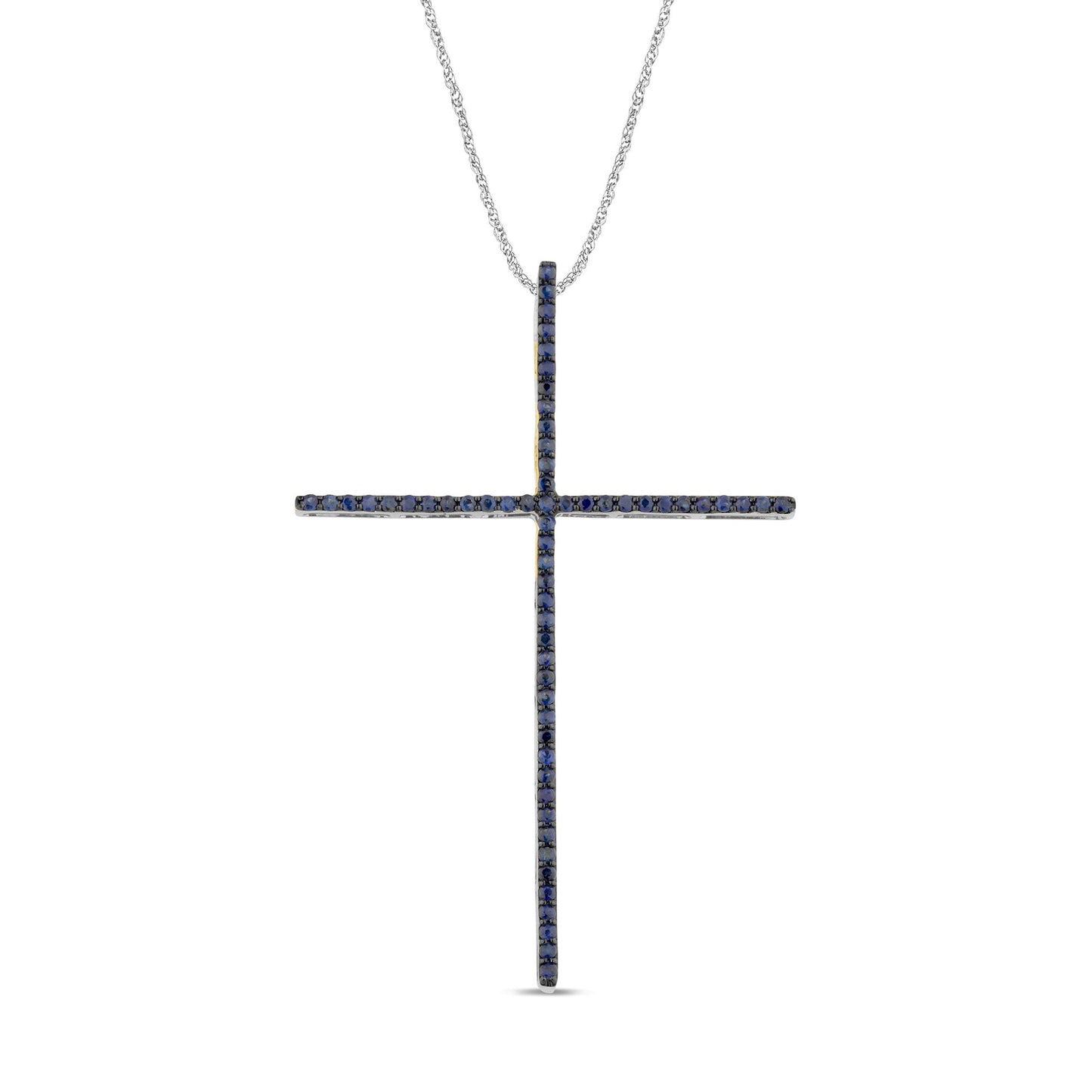 Muse Jewelry .47ct G SI 14K White Gold Blue Sapphire Gemstones Cross Pendant Necklace 18" Long Chain