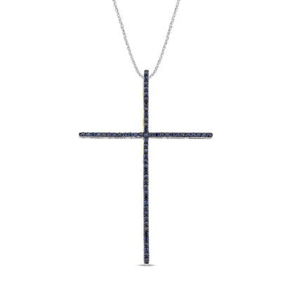 Muse Jewelry .47ct G SI 14K White Gold Blue Sapphire Gemstones Cross Pendant Necklace 18" Long Chain