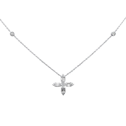 Muse Jewelry .30ct G SI 14K White Gold Round & Baguette Diamond Cross Flower Pendant Necklace 16" Long