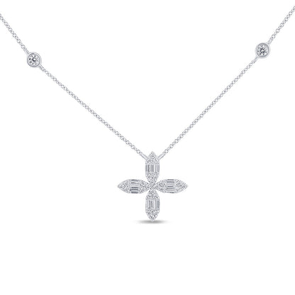 Muse Jewelry .30ct G SI 14K White Gold Round & Baguette Diamond Cross Flower Pendant Necklace 16" Long