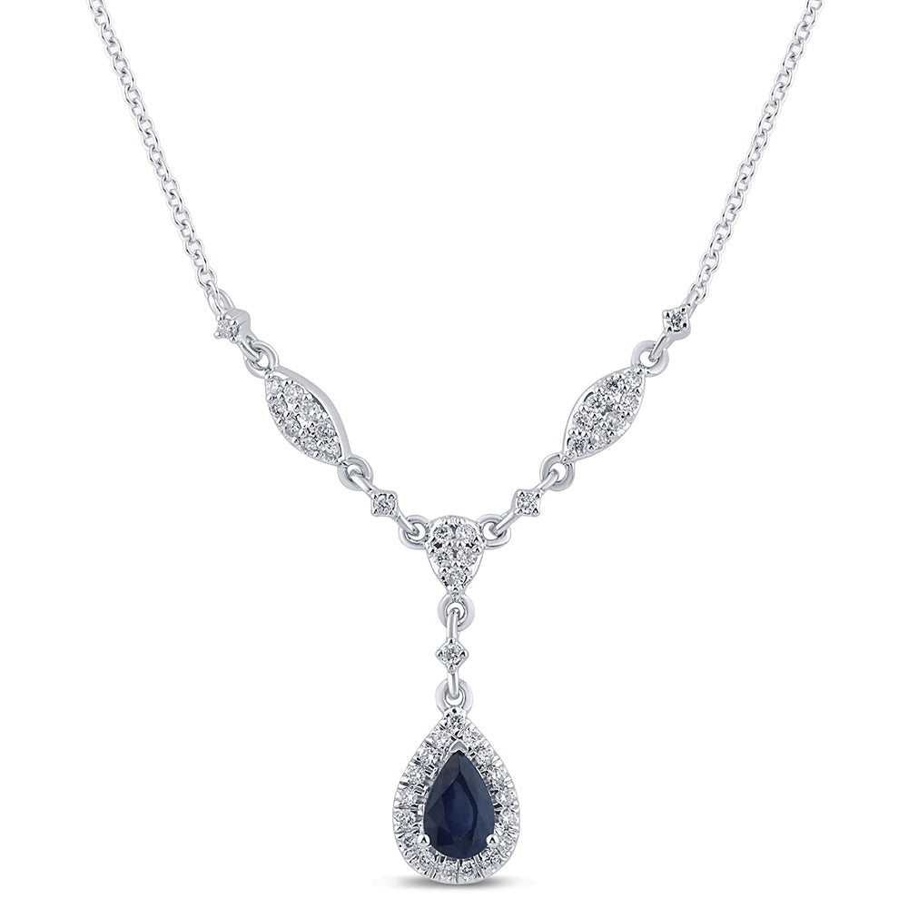 Muse Jewelry .84ct G SI 14K White Gold Diamond & Blue Sapphire Gemstone Drop Pendant Necklace 16+2" Ext Long