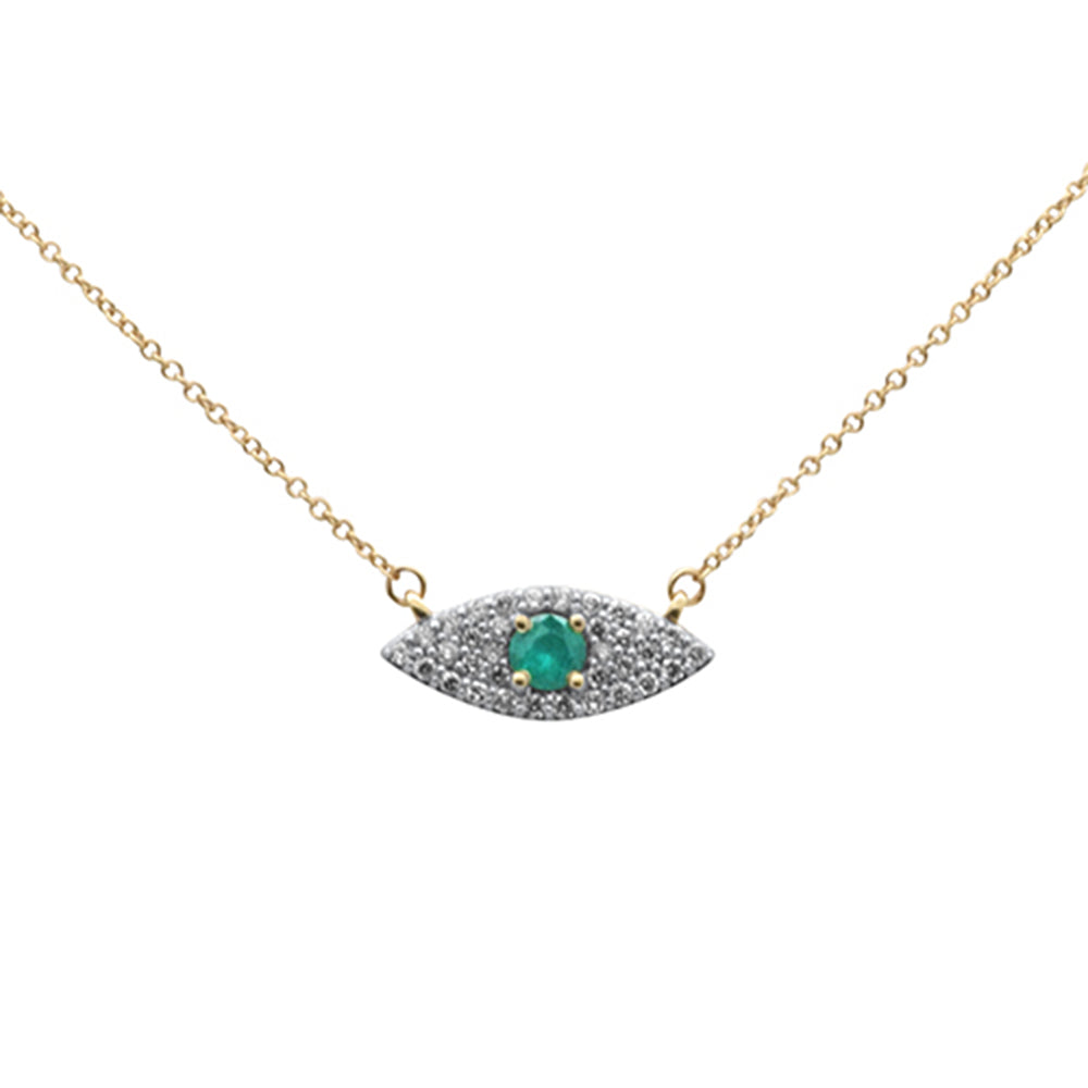 Muse Jewelry .38ct G SI 14K Yellow Gold Diamond & Natural Emerald Gemstones Evil Eye Pendant Necklace 18" Long