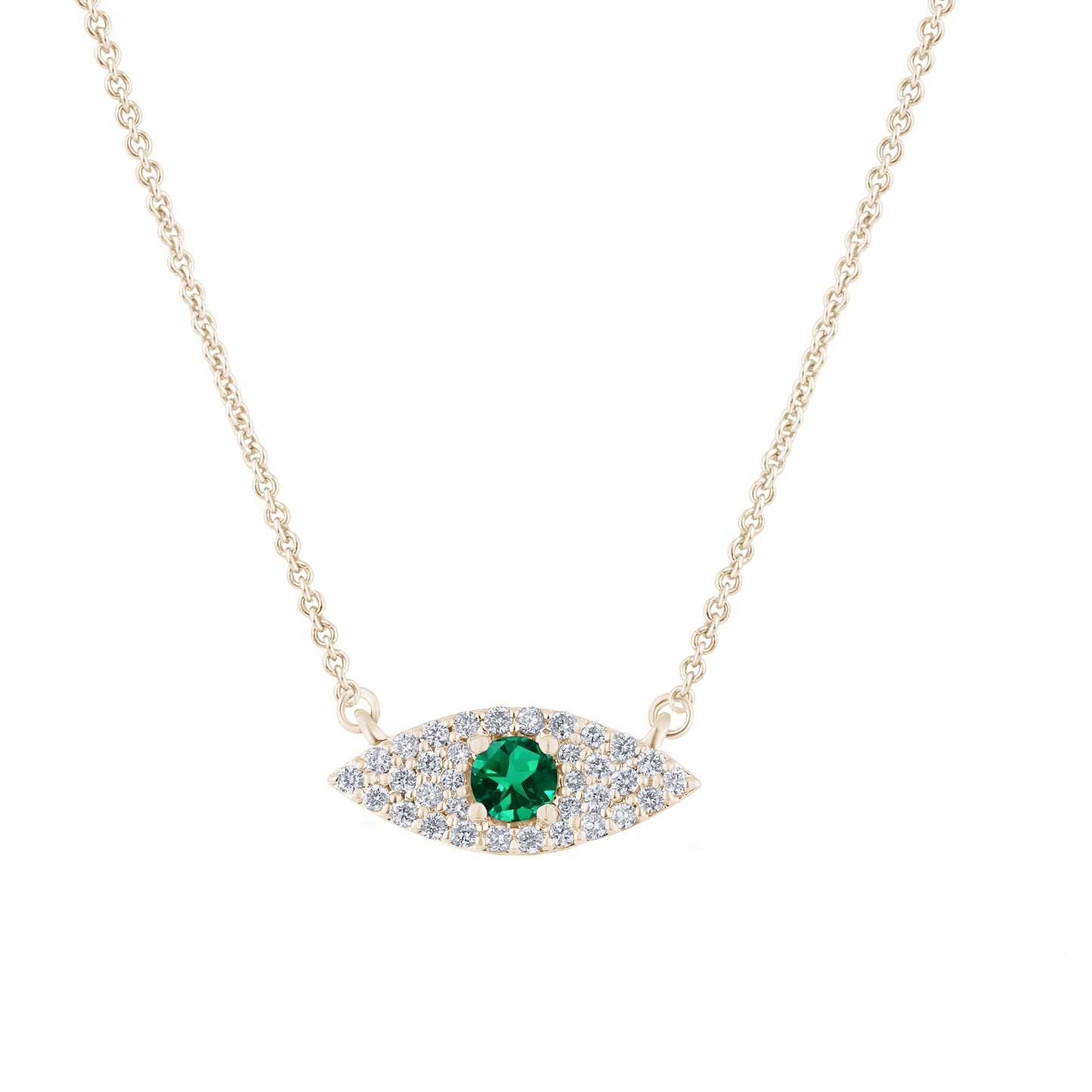 Muse Jewelry .38ct G SI 14K Yellow Gold Diamond & Natural Emerald Gemstones Evil Eye Pendant Necklace 18" Long