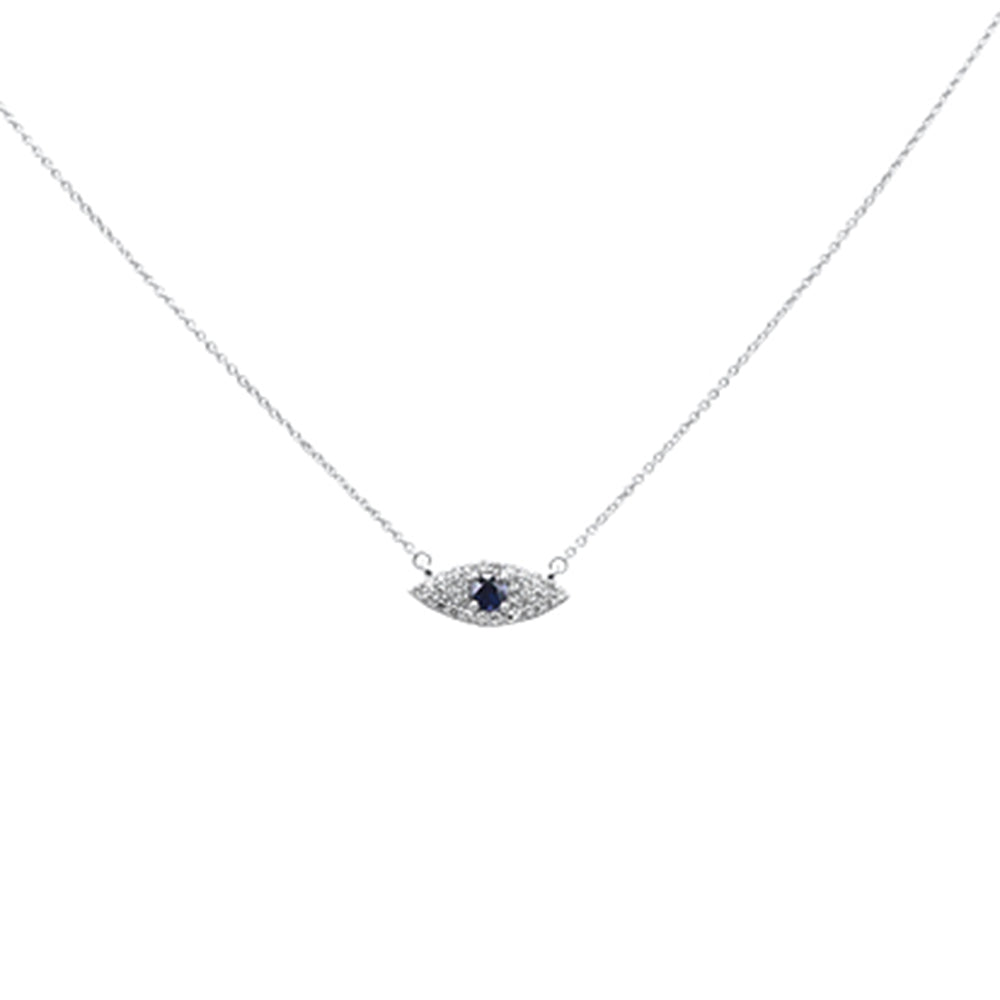 Muse Jewelry .43ct G SI 14K White Gold Diamond & Blue Sapphire Gemstone Evil Eye Pendant Necklace 18" Long